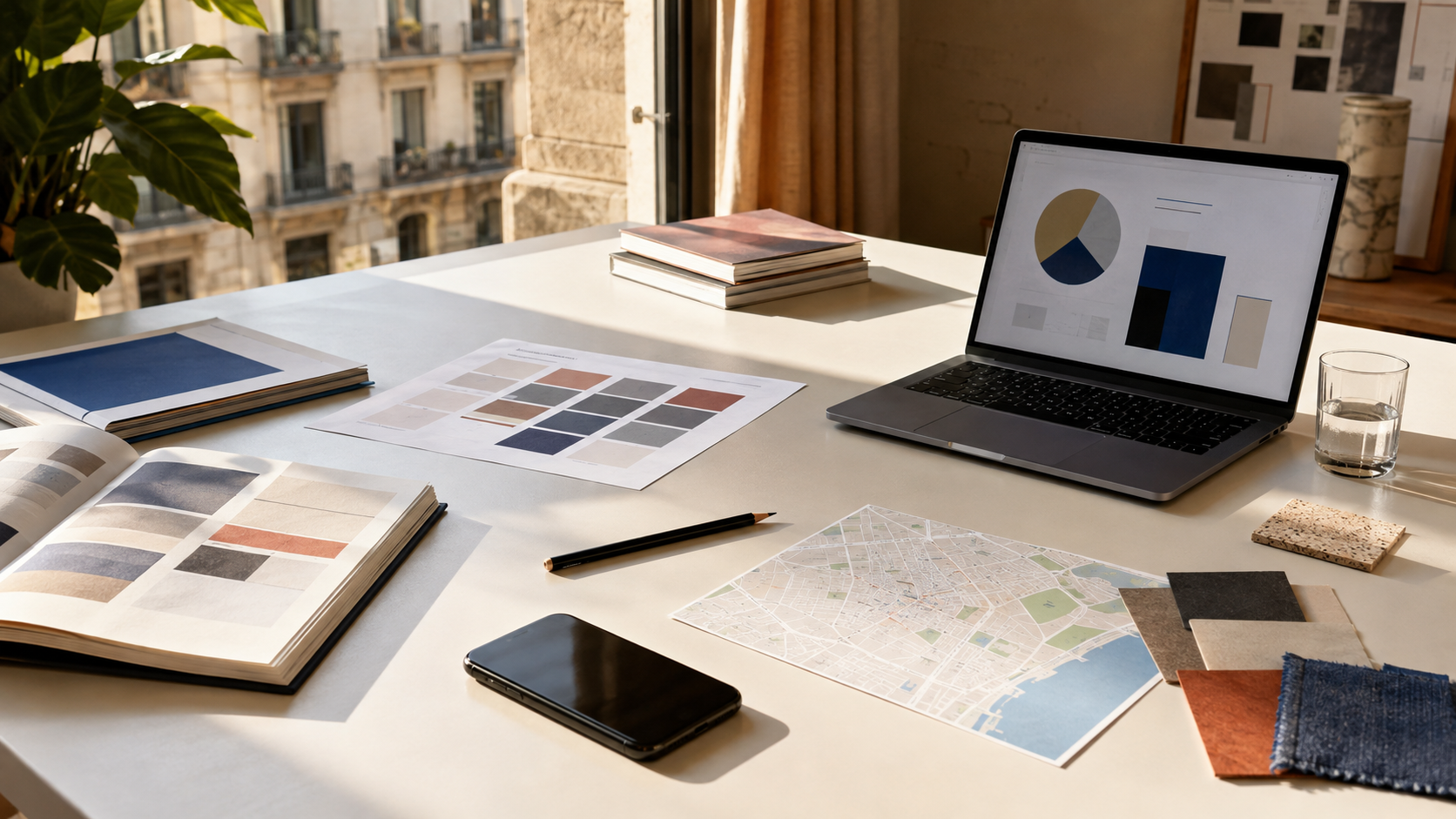 Taula de treball amb documents de selecció, mostres de color i un mapa de Barcelona